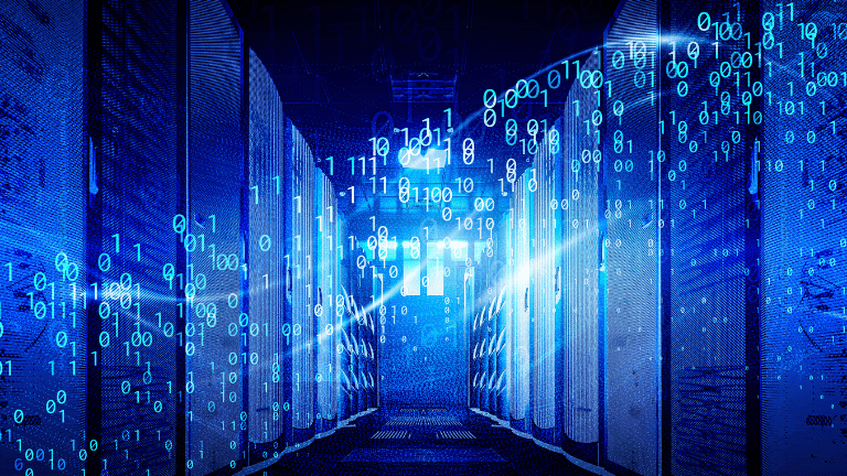Glowing digital data center with binary code flowing through rows of server racks