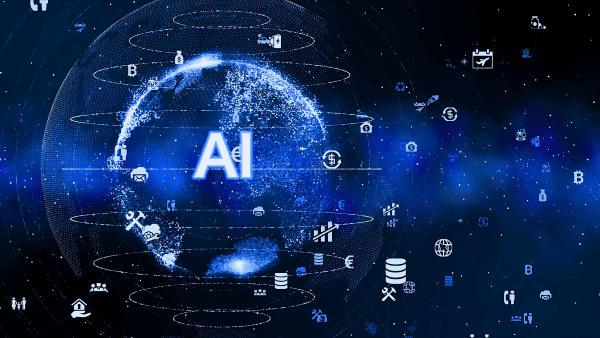 Digital globe with the letters AI in the center surrounded by icons representing global technology